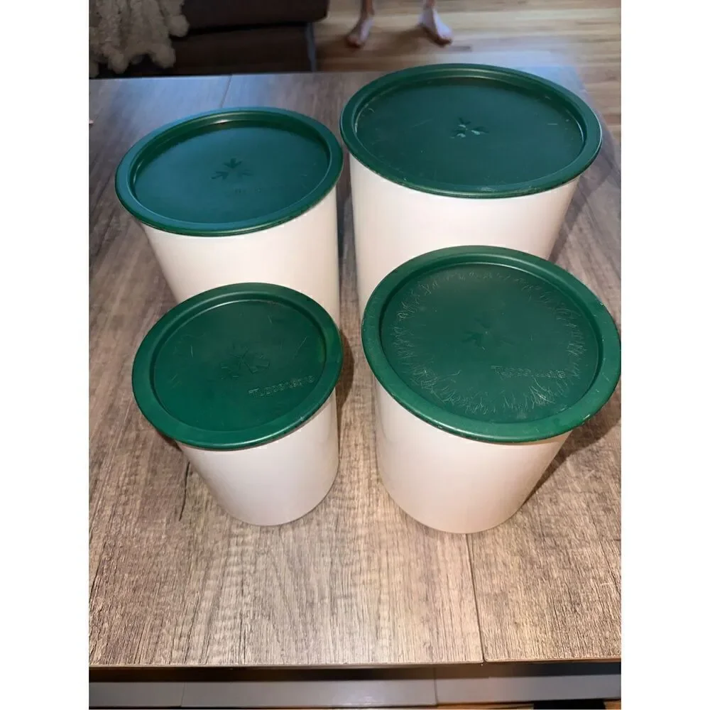 Tupperware White One Touch Canister Set of 4Hunter green lids